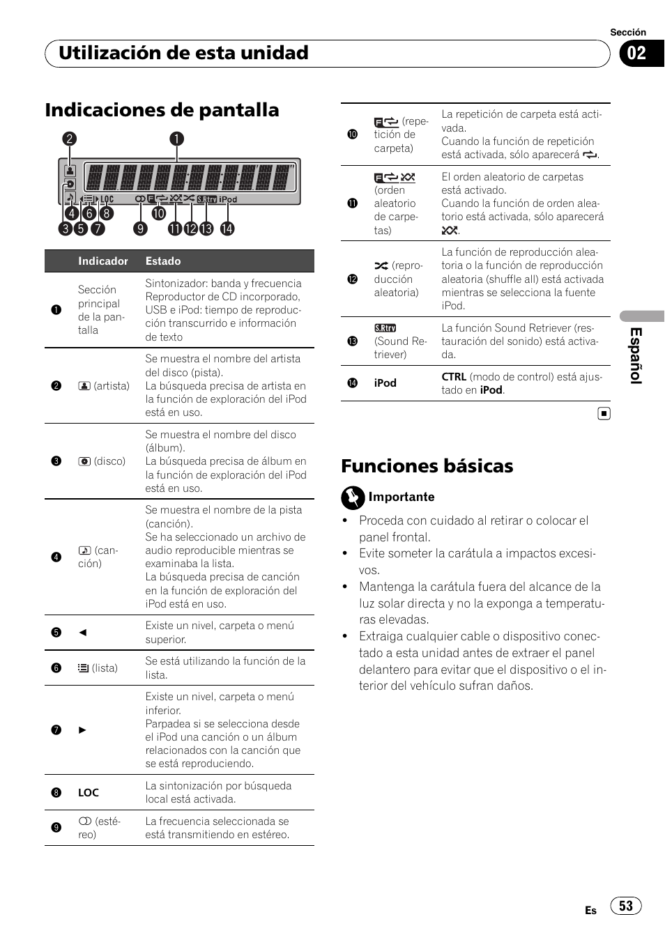 Indicaciones de pantalla, Funciones básicas, Utilización de esta unidad | Español | Pioneer DEH-3200UB User Manual | Page 53 / 80