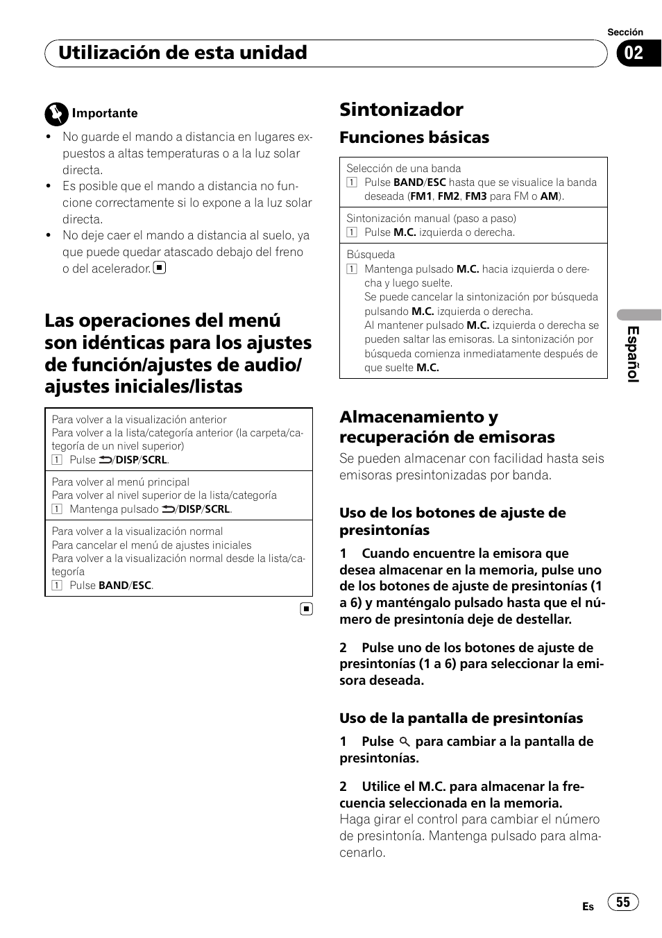Las operaciones del menú son idénticas para, Sintonizador, Funciones básicas 55 | Almacenamiento y recuperación de, Emisoras, Utilización de esta unidad, Funciones básicas, Almacenamiento y recuperación de emisoras | Pioneer DEH-3200UB User Manual | Page 55 / 80