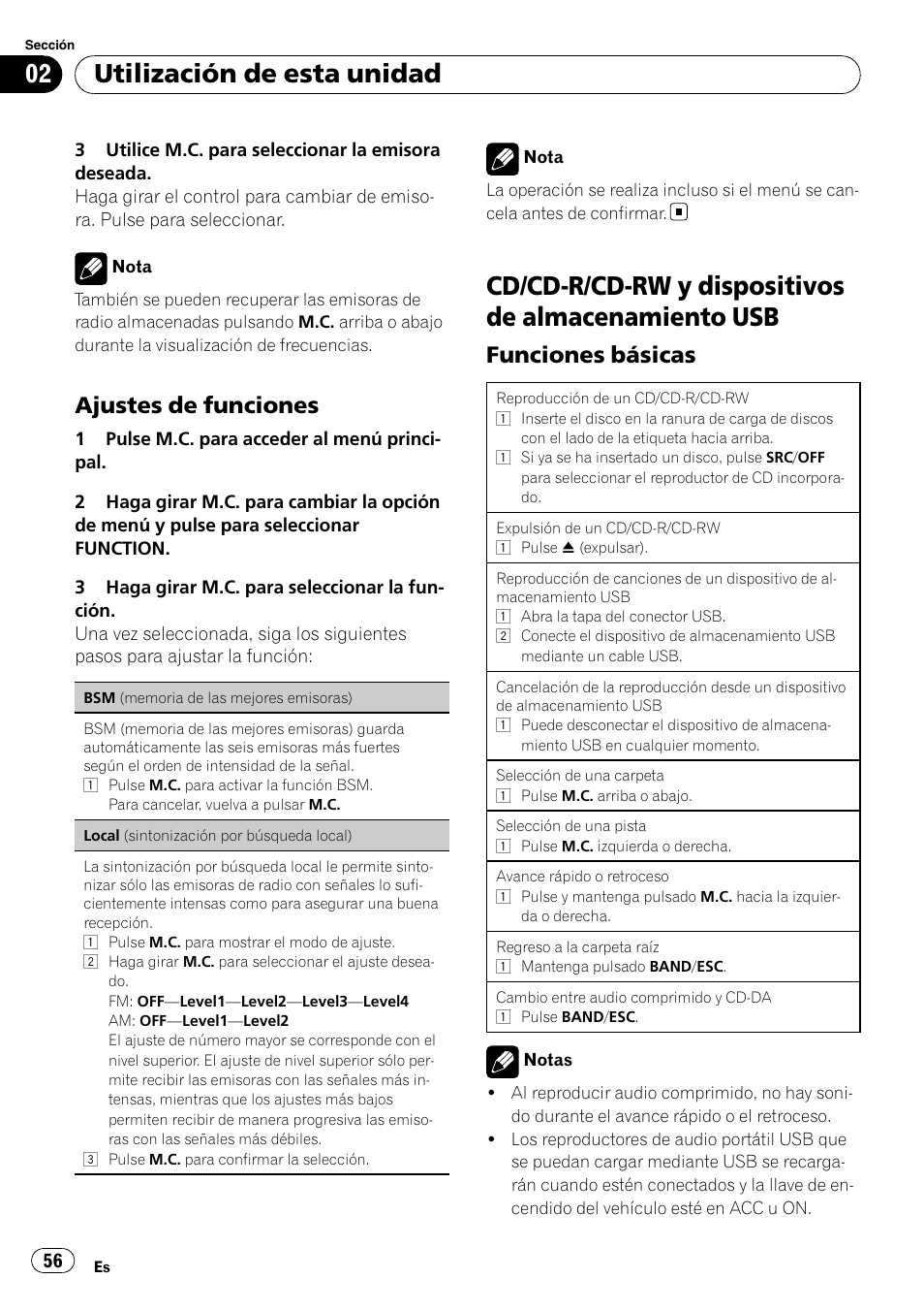 Ajustes de funciones 56, Cd/cd-r/cd-rw y dispositivos de, Almacenamiento usb | Funciones básicas 56, Cd/cd-r/cd-rw y dispositivos de almacenamiento usb, Utilización de esta unidad, Ajustes de funciones, Funciones básicas | Pioneer DEH-3200UB User Manual | Page 56 / 80