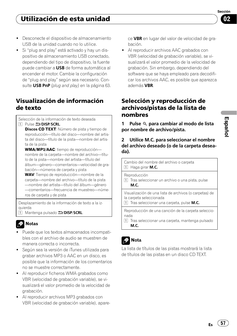 Visualización de información de, Texto, Selección y reproducción de archivos | Pistas de la lista de nombres, Utilización de esta unidad, Visualización de información de texto, Español | Pioneer DEH-3200UB User Manual | Page 57 / 80