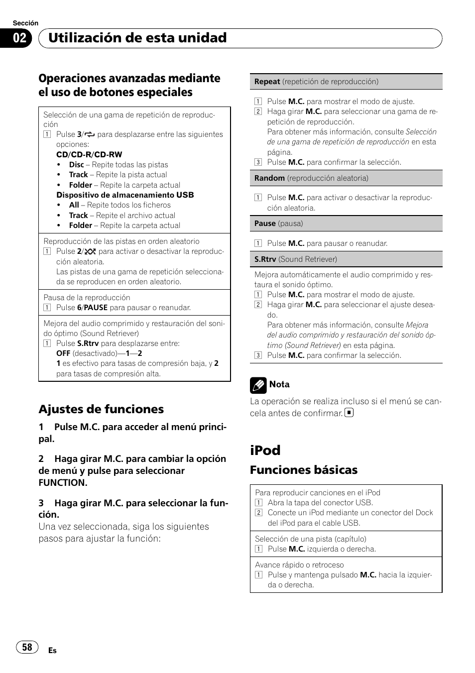 Operaciones avanzadas mediante el, Uso de botones especiales, Ajustes de funciones 58 | Ipod, Funciones básicas 58, Utilización de esta unidad, Ajustes de funciones, Funciones básicas | Pioneer DEH-3200UB User Manual | Page 58 / 80