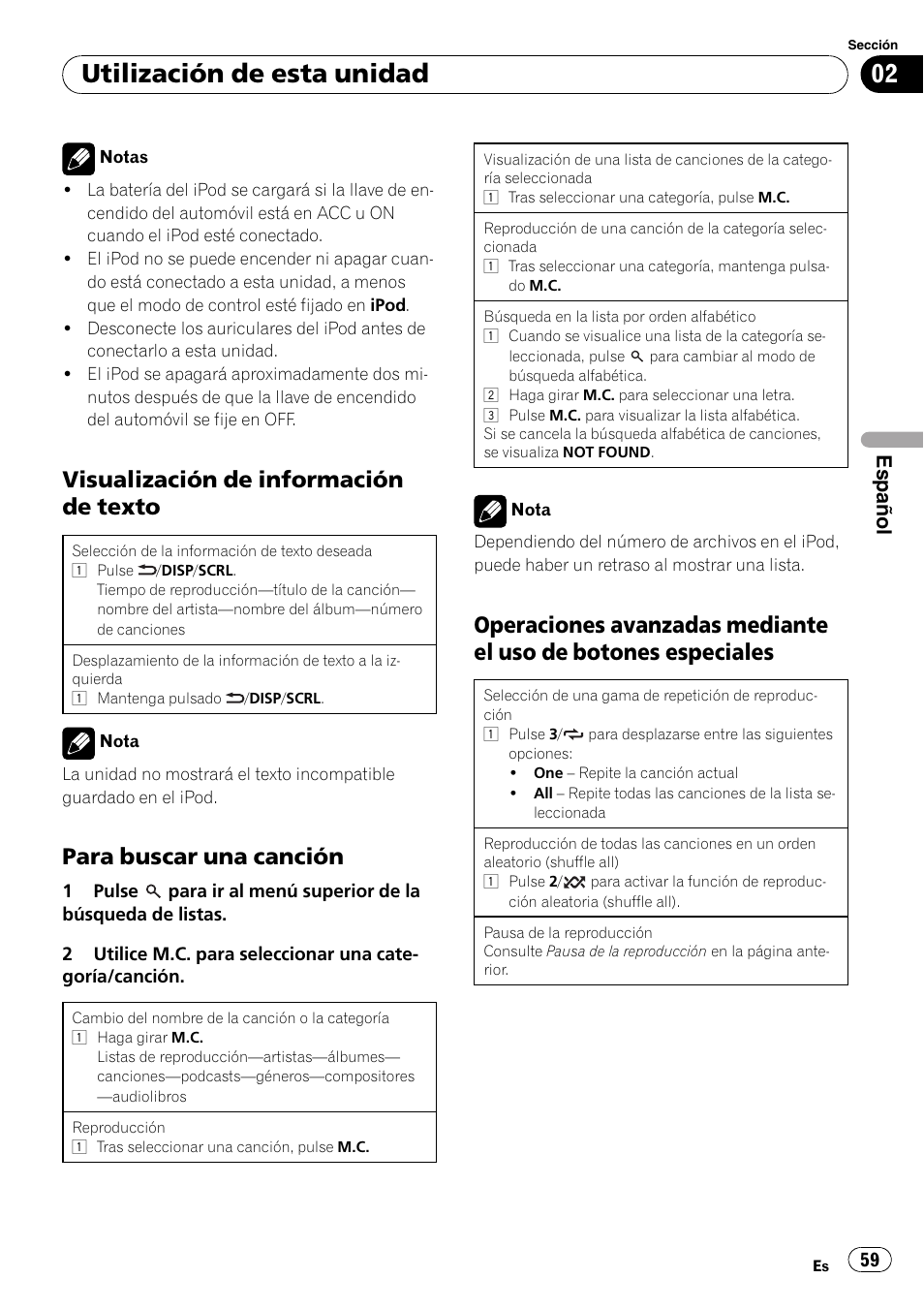 Visualización de información de, Texto, Para buscar una canción 59 | Operaciones avanzadas mediante el, Uso de botones especiales, Utilización de esta unidad, Visualización de información de texto, Para buscar una canción, Español | Pioneer DEH-3200UB User Manual | Page 59 / 80