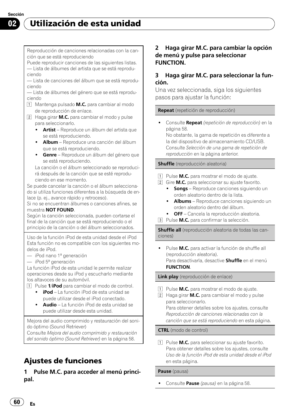 Ajustes de funciones 60, Utilización de esta unidad, Ajustes de funciones | Pioneer DEH-3200UB User Manual | Page 60 / 80