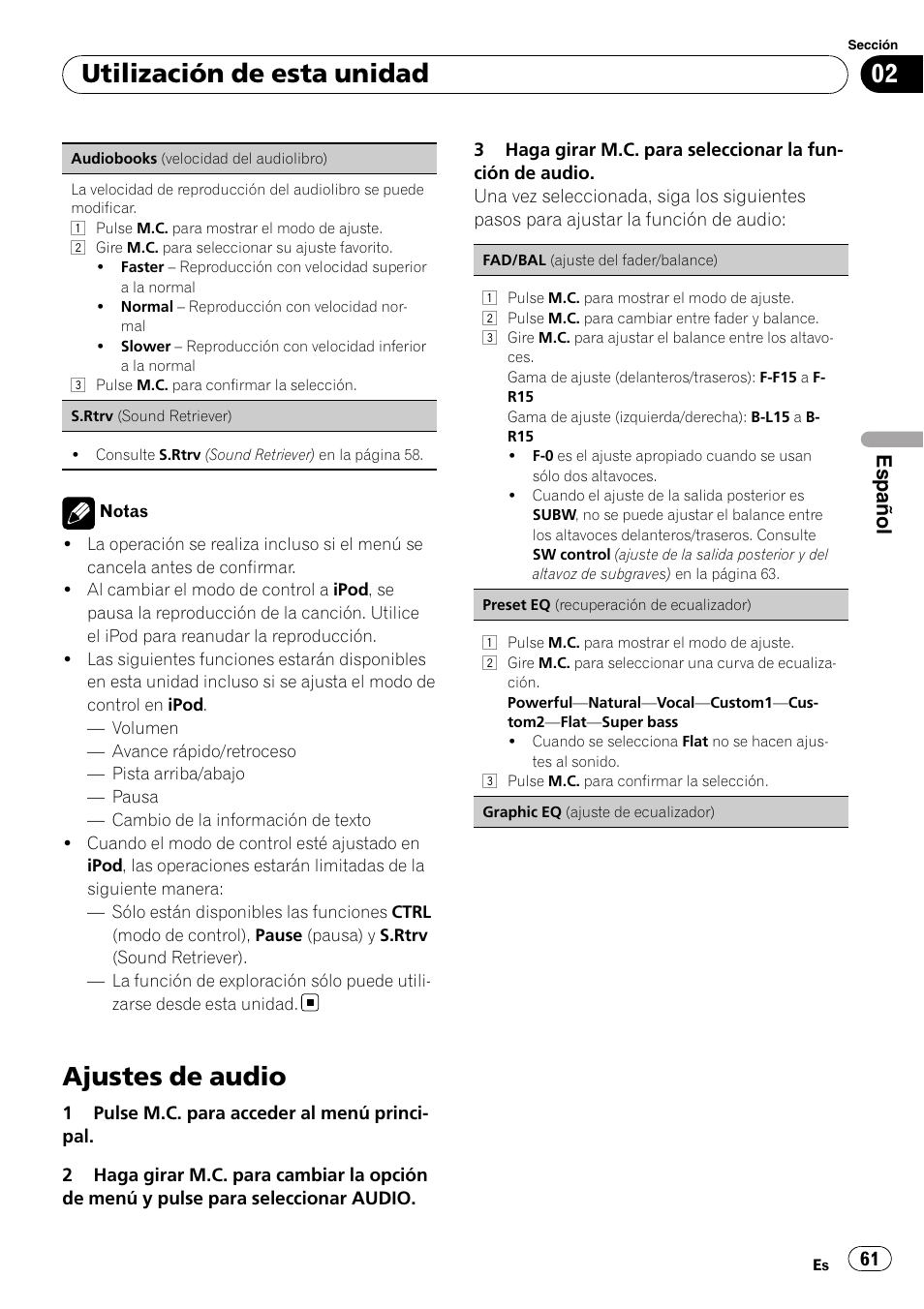 Ajustes de audio, Utilización de esta unidad, Español | Pioneer DEH-3200UB User Manual | Page 61 / 80