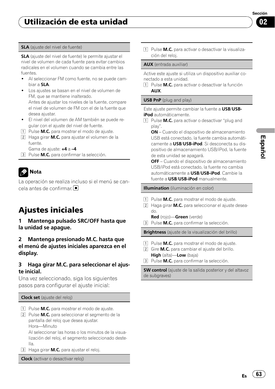 Ajustes iniciales, Utilización de esta unidad, Español | Pioneer DEH-3200UB User Manual | Page 63 / 80