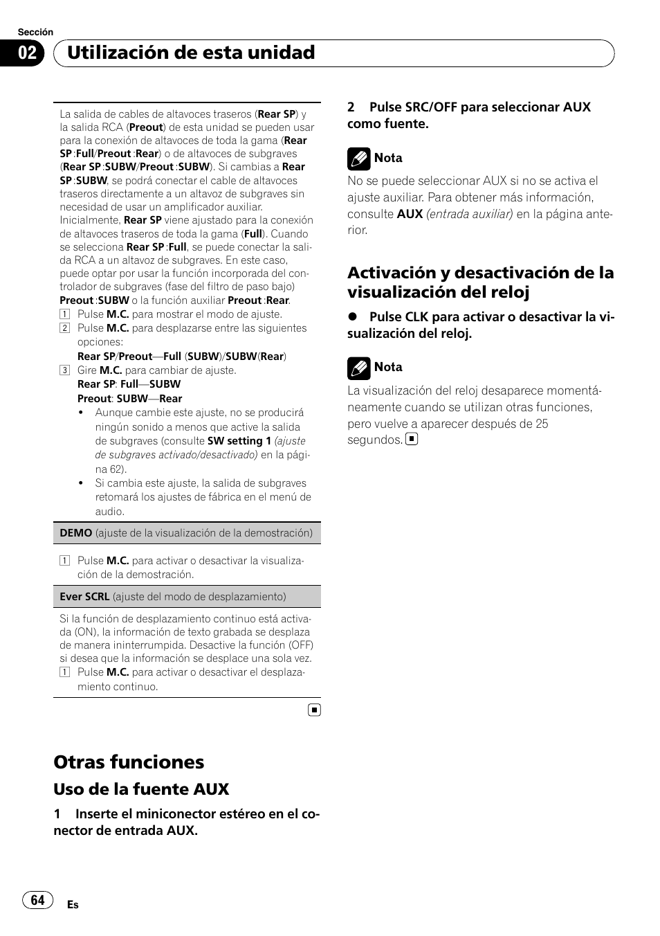 Otras funciones, Uso de la fuente aux 64, Activación y desactivación de la | Visualización del reloj, Utilización de esta unidad, Uso de la fuente aux | Pioneer DEH-3200UB User Manual | Page 64 / 80