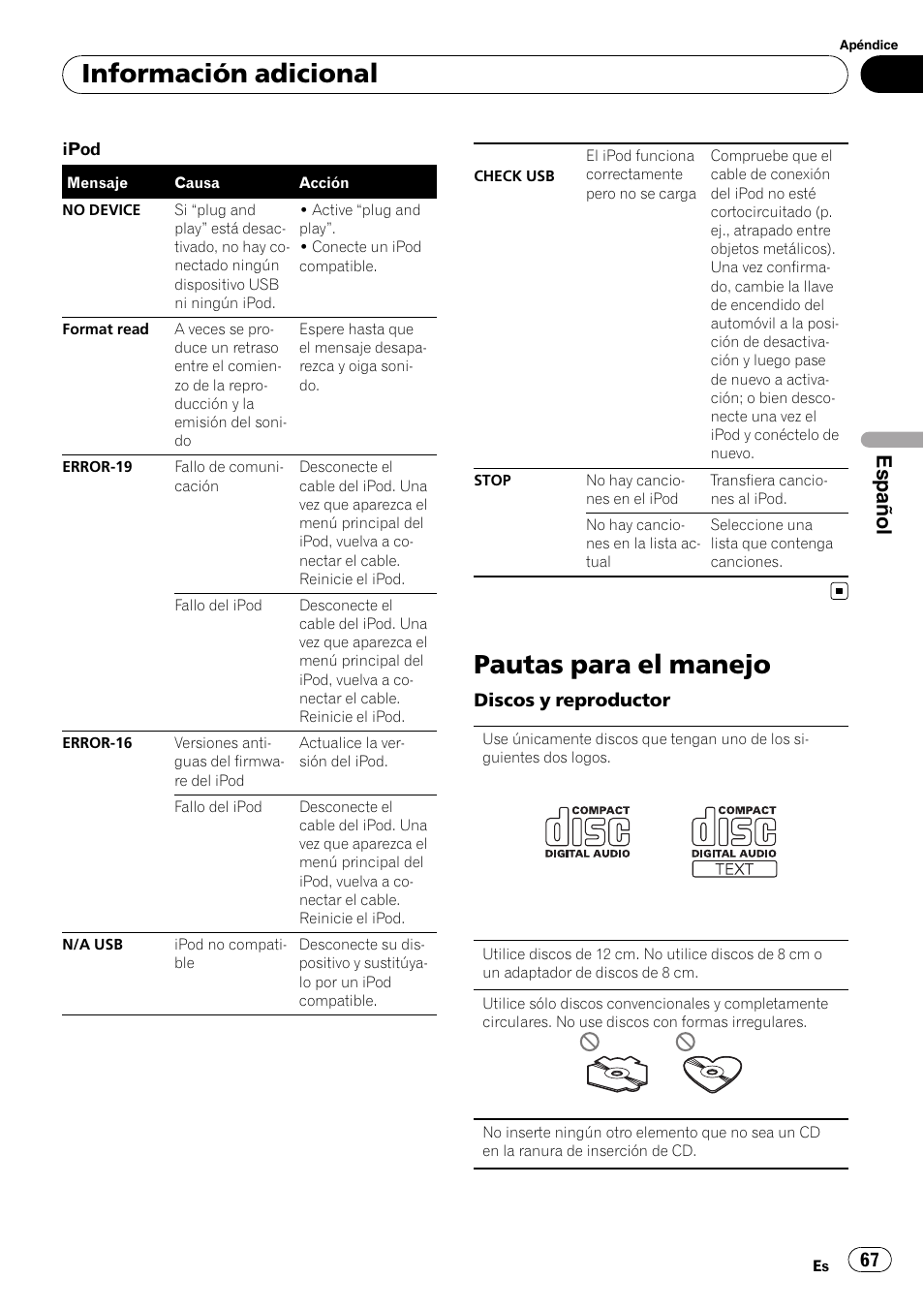 Pautas para el manejo, Información adicional, Español | Pioneer DEH-3200UB User Manual | Page 67 / 80