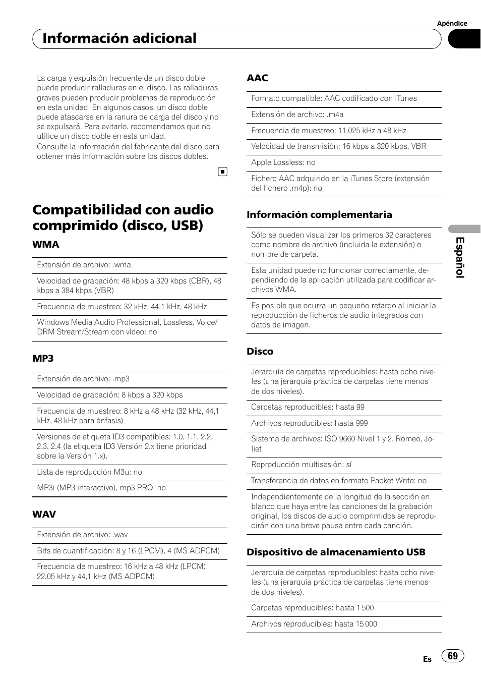 Compatibilidad con audio comprimido, Disco, usb), Compatibilidad con audio comprimido (disco, usb) | Información adicional, Español | Pioneer DEH-3200UB User Manual | Page 69 / 80