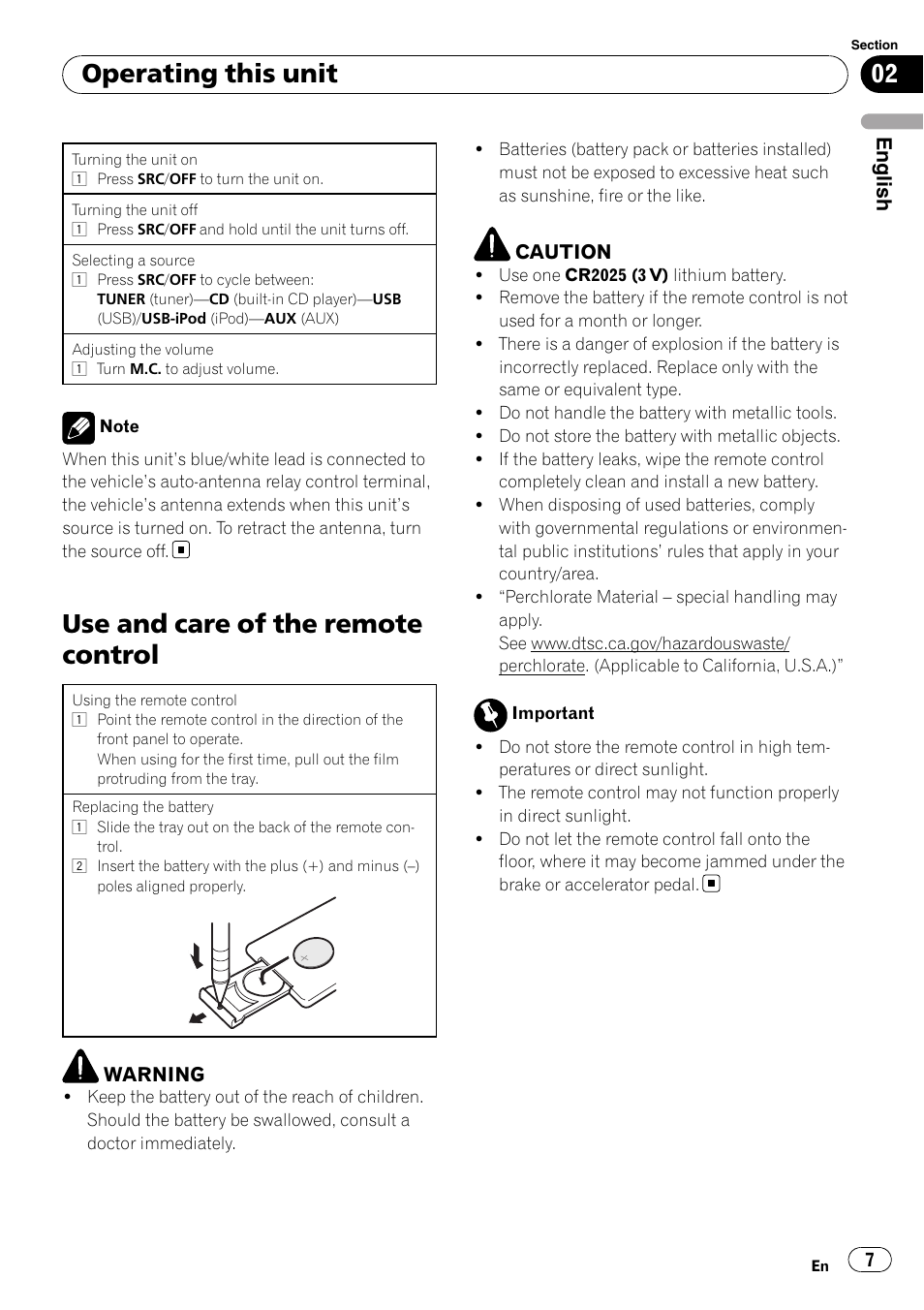 Use and care of the remote control, Operating this unit | Pioneer DEH-3200UB User Manual | Page 7 / 80