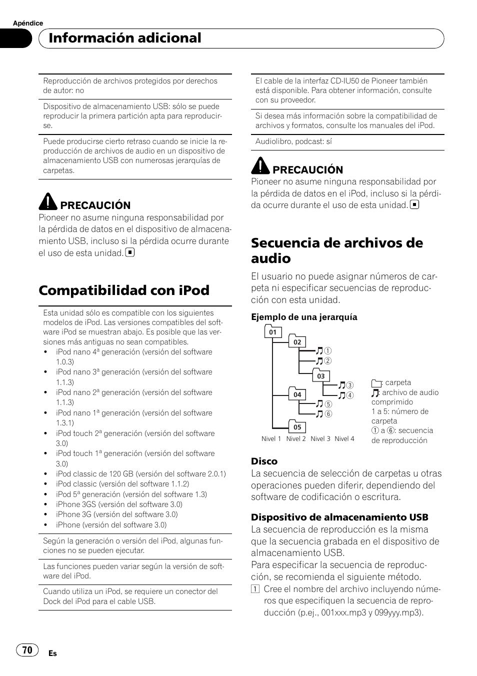 Compatibilidad con ipod, Secuencia de archivos de audio, Información adicional | Precaución | Pioneer DEH-3200UB User Manual | Page 70 / 80