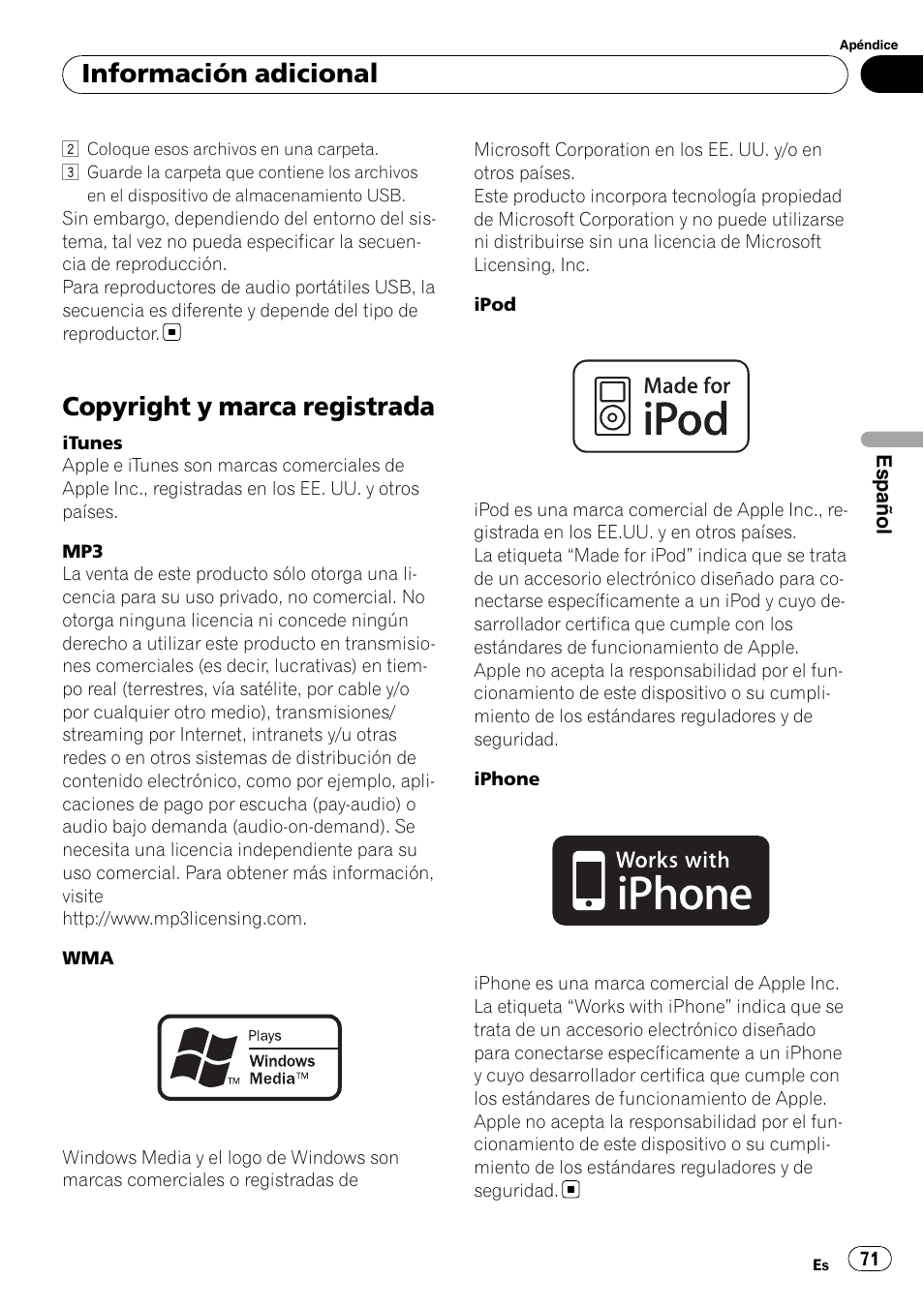 Copyright y marca registrada, Información adicional | Pioneer DEH-3200UB User Manual | Page 71 / 80