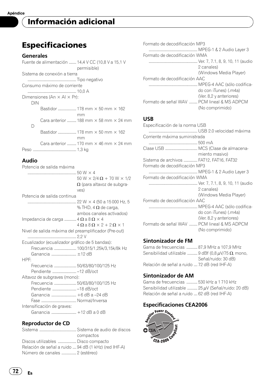 Especificaciones, Información adicional | Pioneer DEH-3200UB User Manual | Page 72 / 80