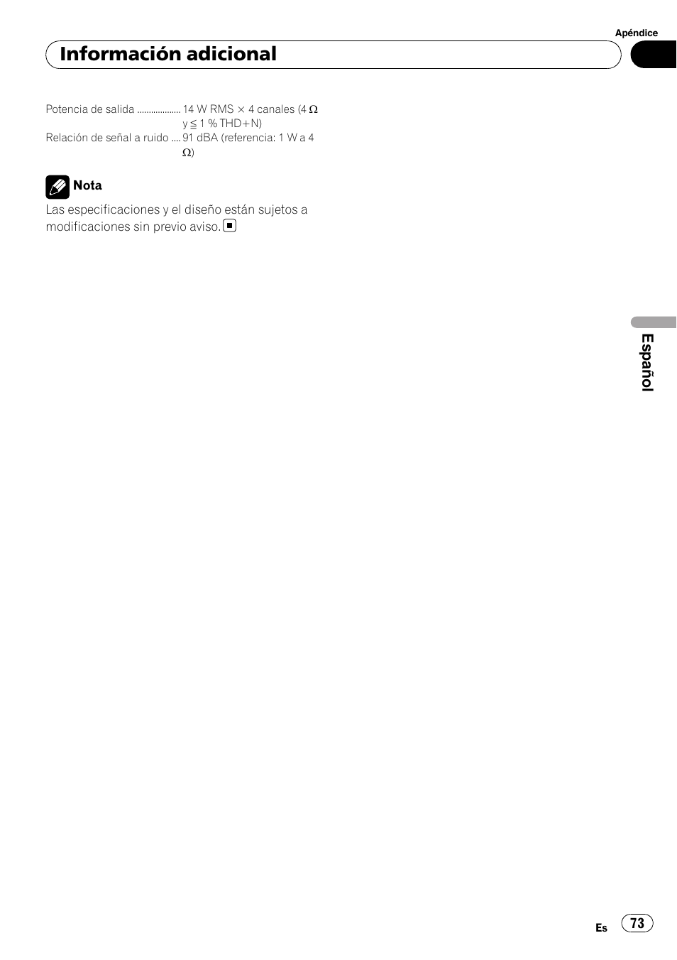 Información adicional, Español | Pioneer DEH-3200UB User Manual | Page 73 / 80