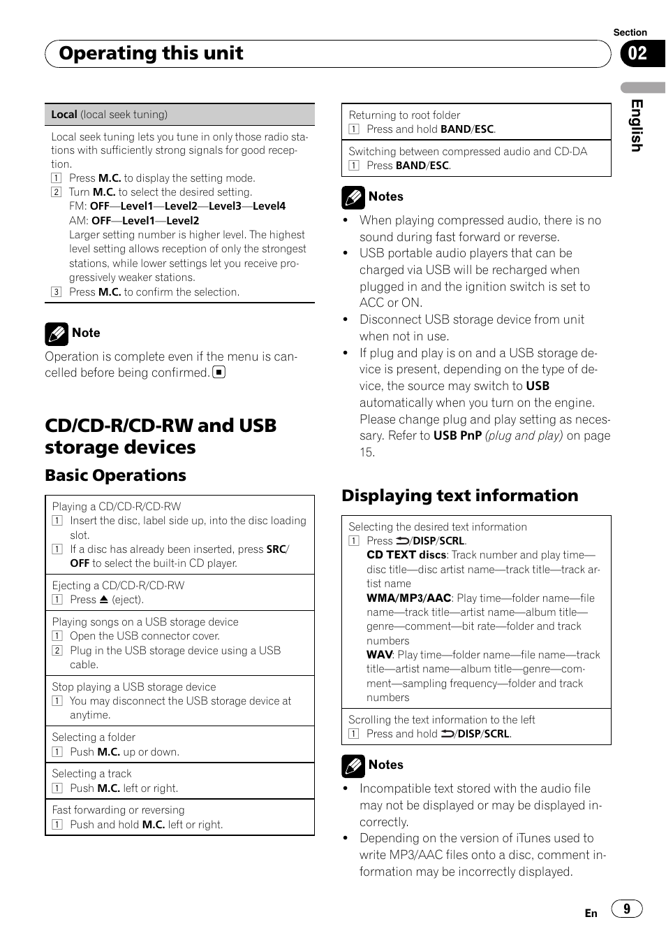 Cd/cd-r/cd-rw and usb storage, Devices, Basic operations 9 | Displaying text information 9, Cd/cd-r/cd-rw and usb storage devices, Operating this unit, Basic operations, Displaying text information, English | Pioneer DEH-3200UB User Manual | Page 9 / 80