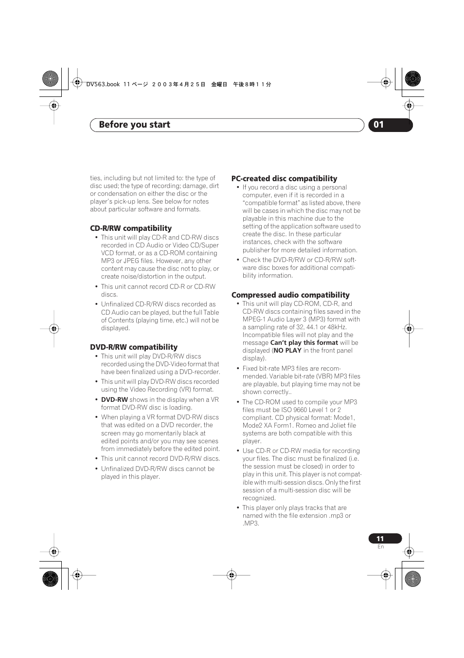 Cd-r/rw compatibility, Dvd-r/rw compatibility, Pc-created disc compatibility | Compressed audio compatibility, Before you start 01 | Pioneer DV-667A-S User Manual | Page 11 / 88