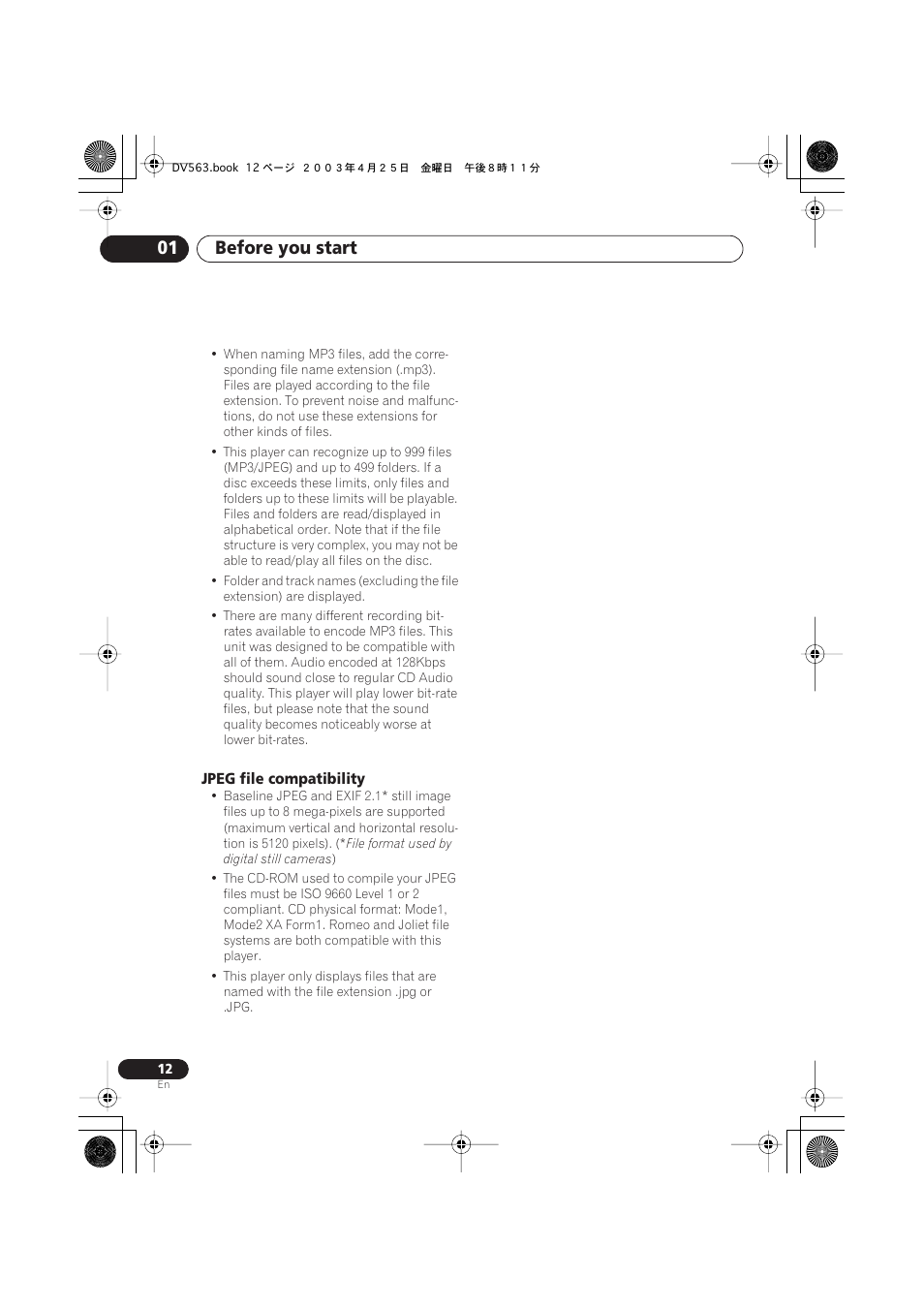 Jpeg file compatibility, Before you start 01 | Pioneer DV-667A-S User Manual | Page 12 / 88