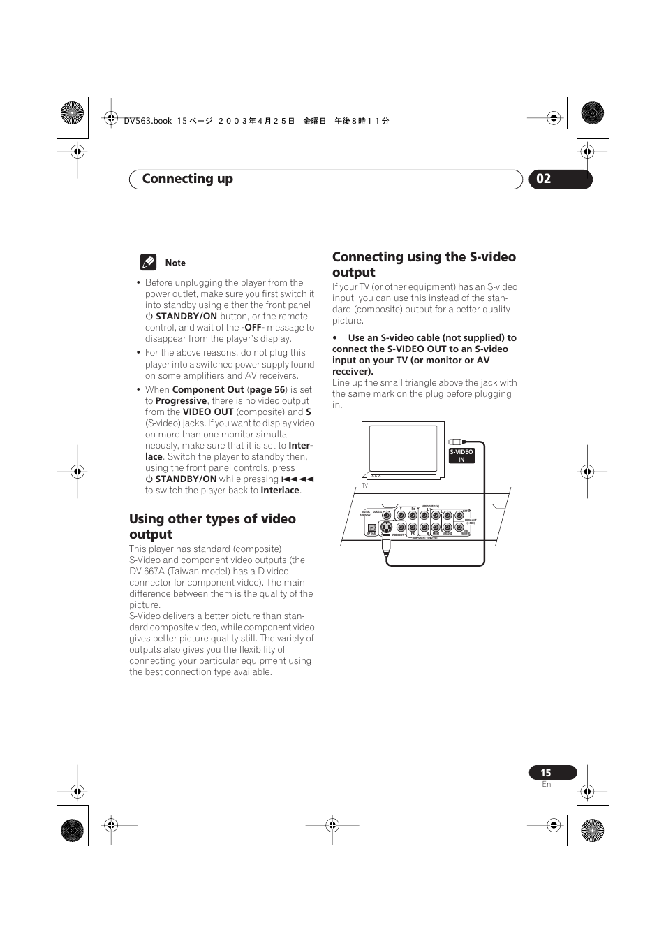 Using other types of video output, Connecting using the s-video output, Connecting up 02 | Pioneer DV-667A-S User Manual | Page 15 / 88