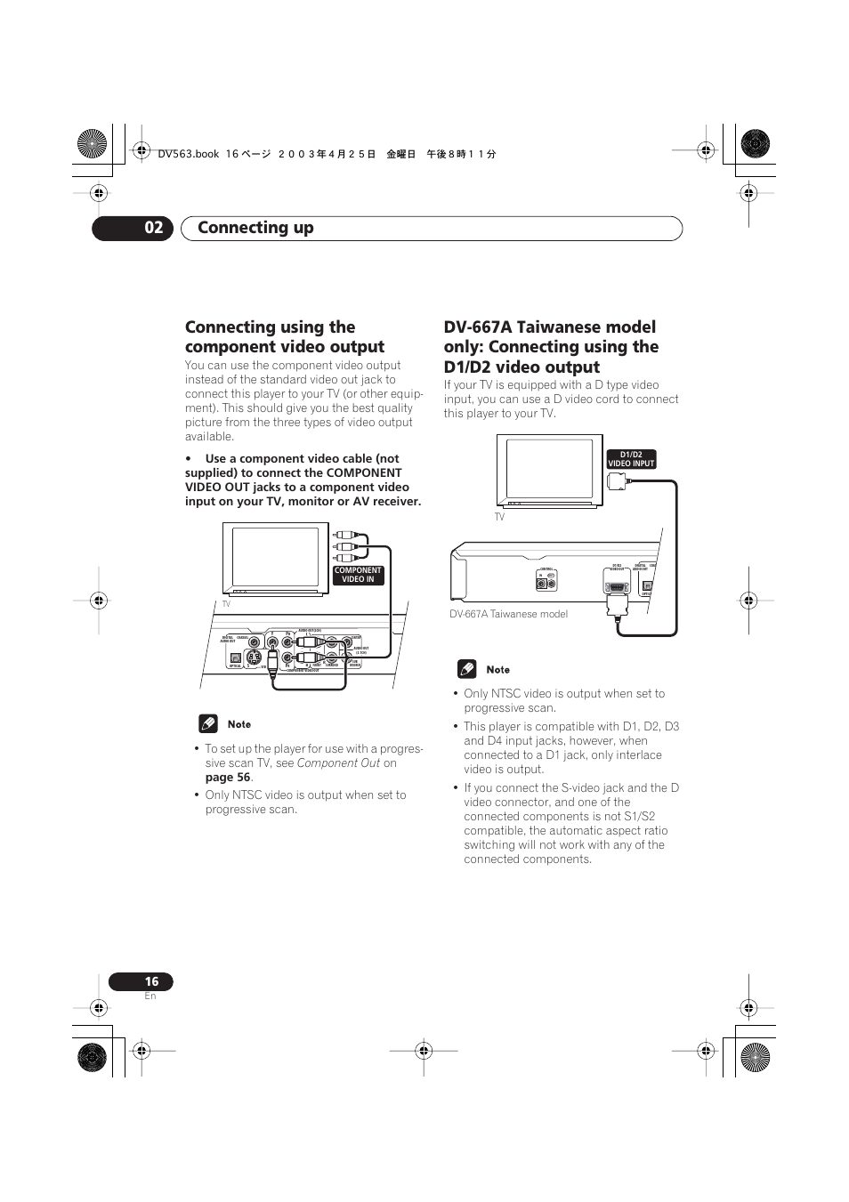 Connecting using the component video output, Connecting up 02, Component out | Page 56 | Pioneer DV-667A-S User Manual | Page 16 / 88