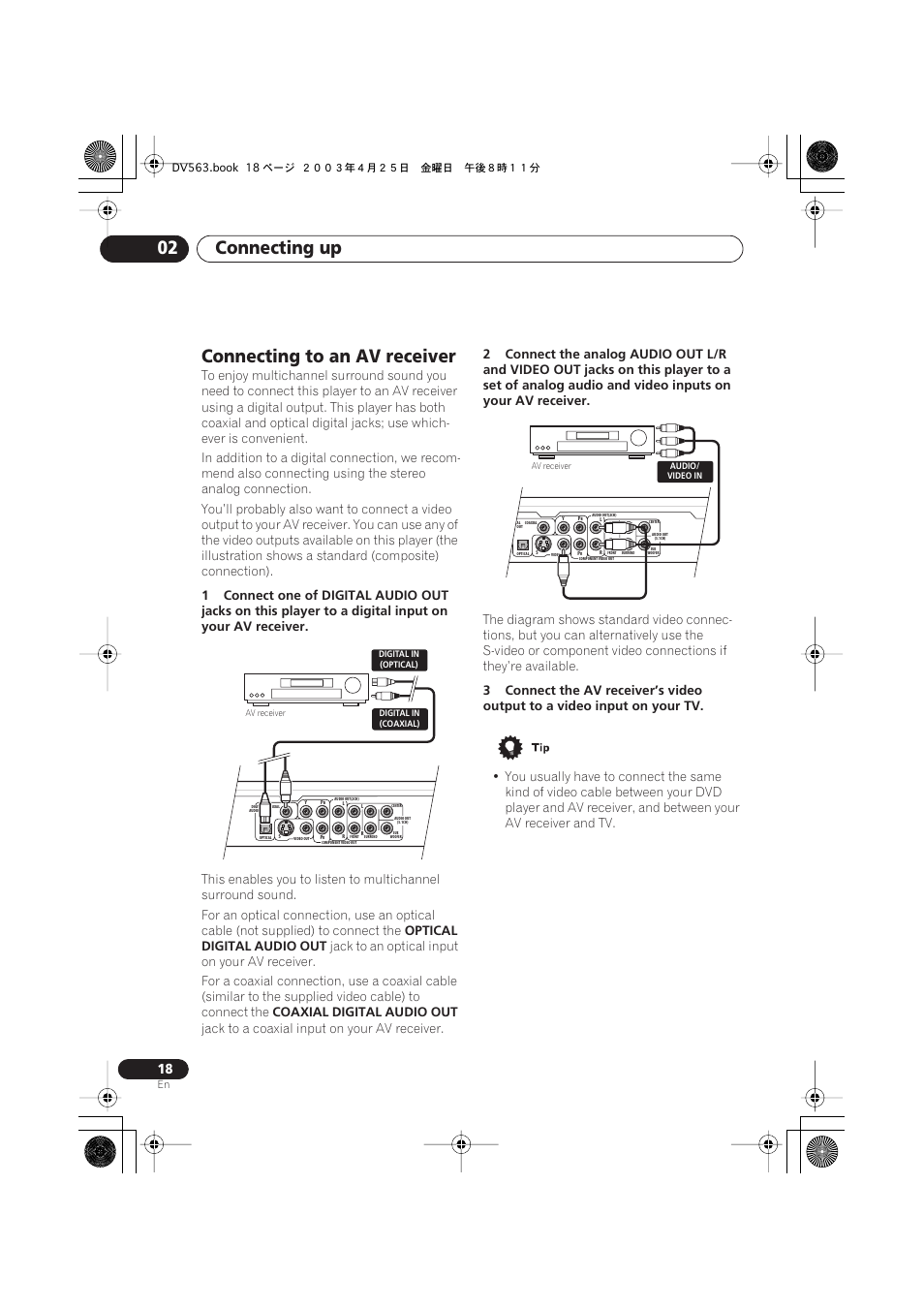 Connecting to an av receiver, Connecting up 02, Optical digital audio out | Coaxial digital audio out, Jack to a coaxial input on your av receiver | Pioneer DV-667A-S User Manual | Page 18 / 88