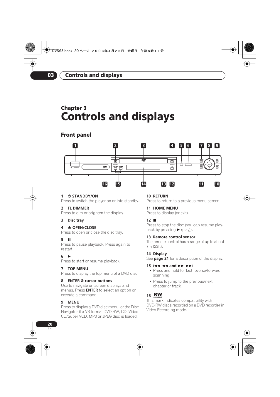 03 controls and displays, Front panel, Controls and displays | Controls and displays 03, Chapter 3 | Pioneer DV-667A-S User Manual | Page 20 / 88