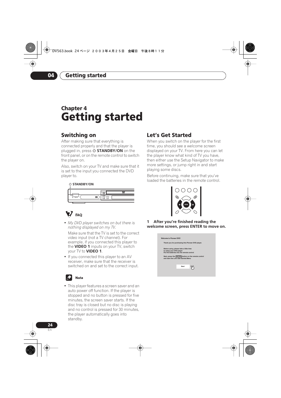 04 getting started, Switching on, Let’s get started | Getting started, Getting started 04, Chapter 4 | Pioneer DV-667A-S User Manual | Page 24 / 88