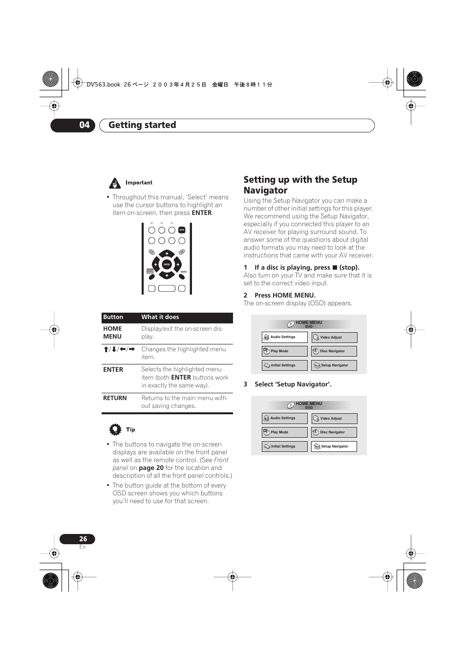 Setting up with the setup navigator, Getting started 04 | Pioneer DV-667A-S User Manual | Page 26 / 88