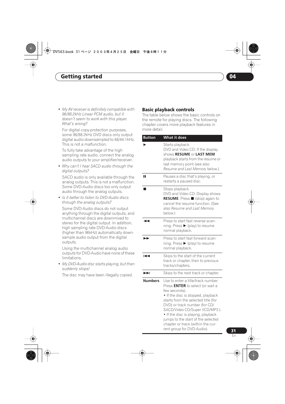 Basic playback controls, Getting started 04 | Pioneer DV-667A-S User Manual | Page 31 / 88