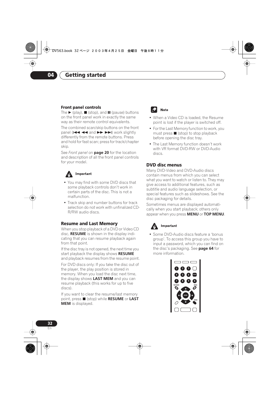Resume and last memory, Dvd disc menus, Getting started 04 | Pioneer DV-667A-S User Manual | Page 32 / 88