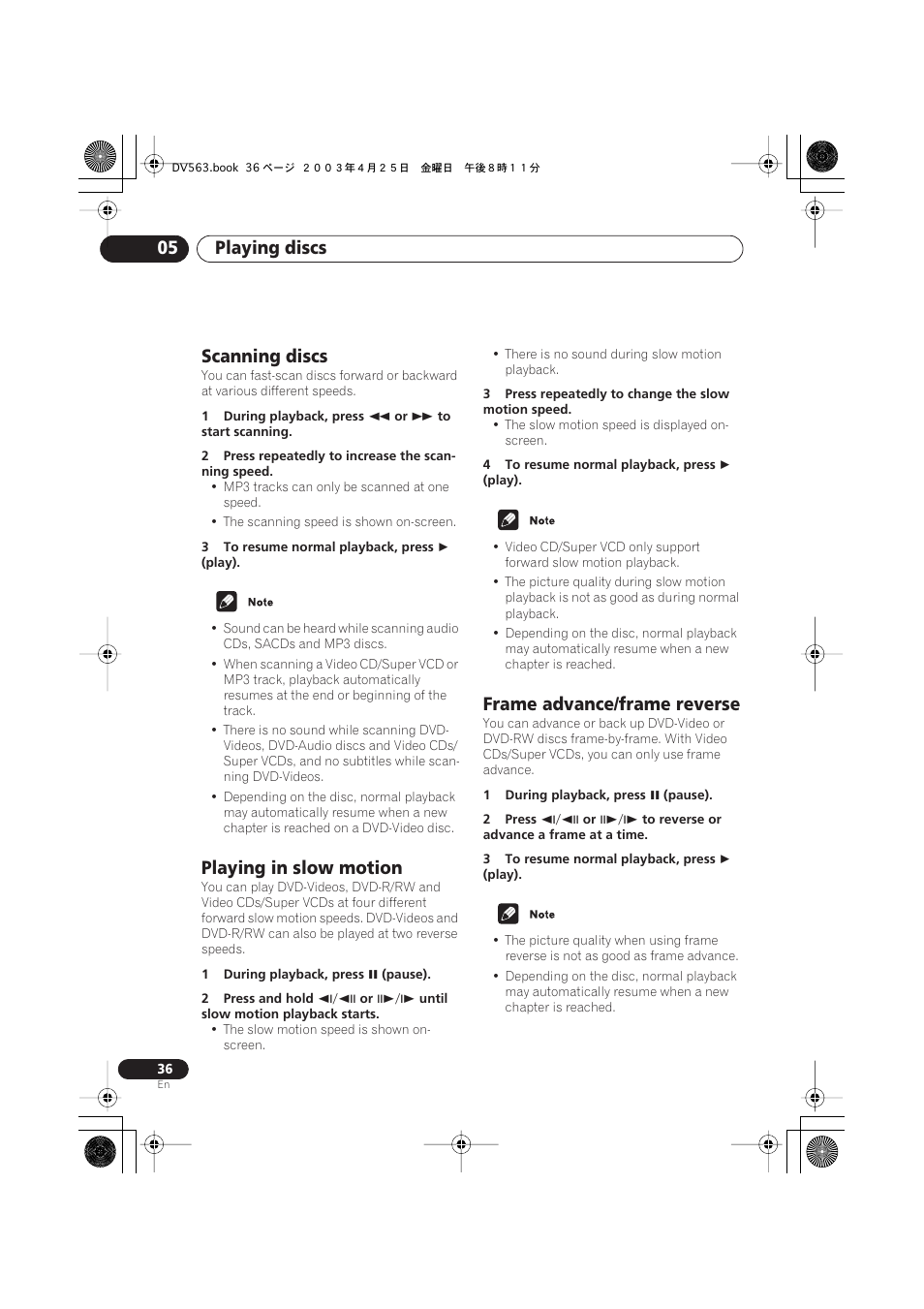 Scanning discs, Playing in slow motion, Frame advance/frame reverse | Playing discs 05 | Pioneer DV-667A-S User Manual | Page 36 / 88