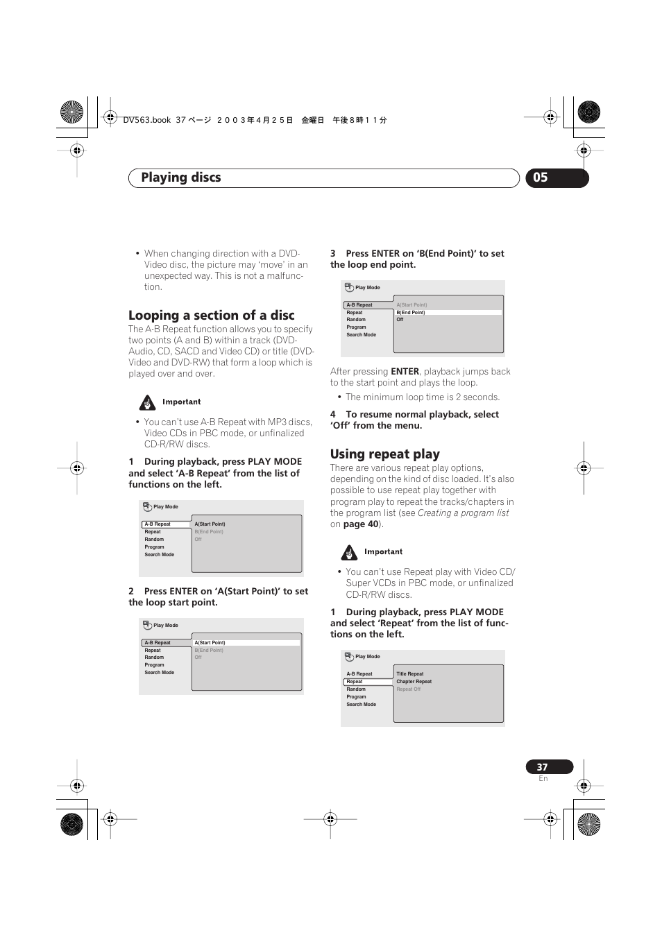 Looping a section of a disc, Using repeat play, Playing discs 05 | Pioneer DV-667A-S User Manual | Page 37 / 88