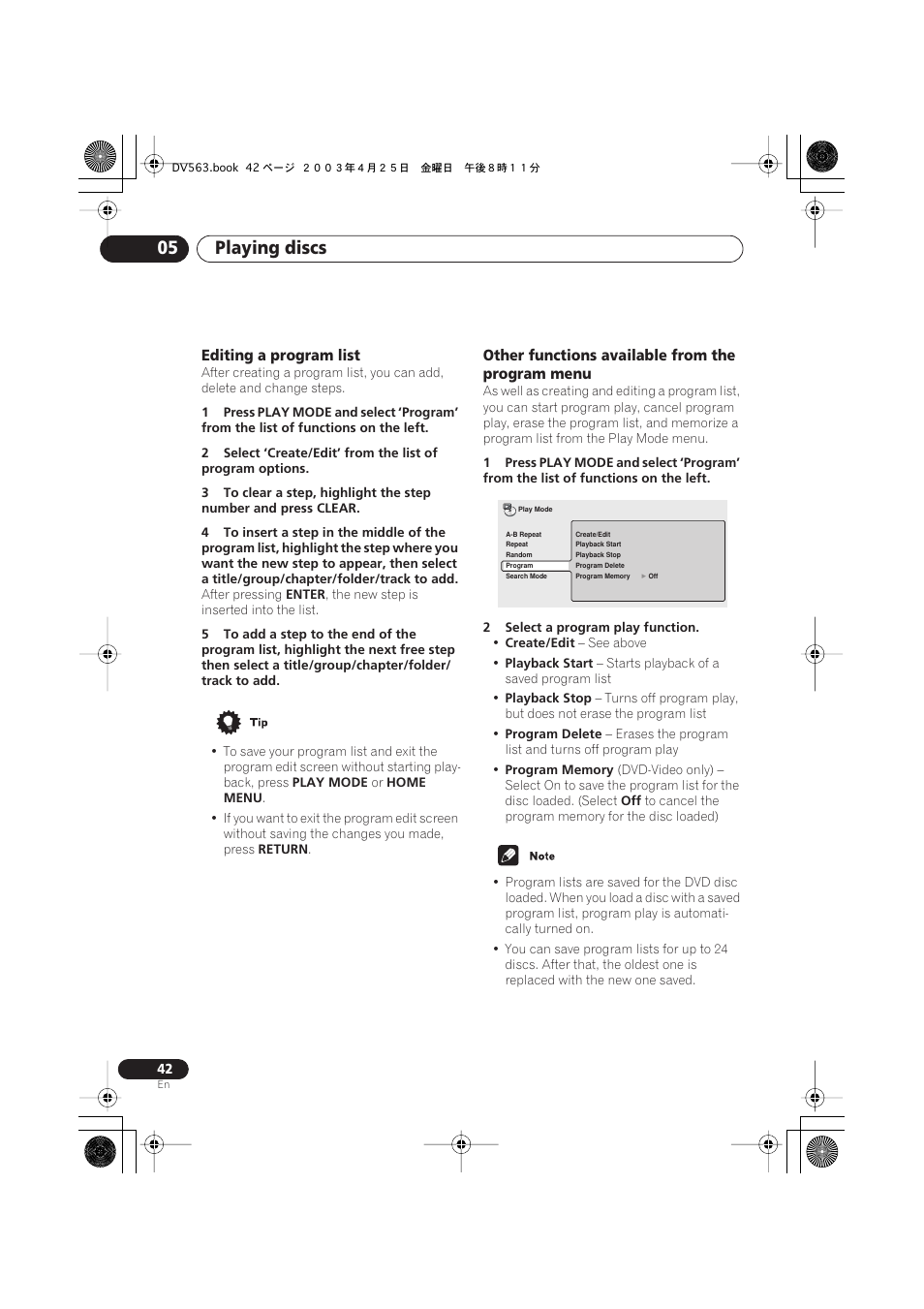 Editing a program list, Other functions available from the program menu, Playing discs 05 | Pioneer DV-667A-S User Manual | Page 42 / 88