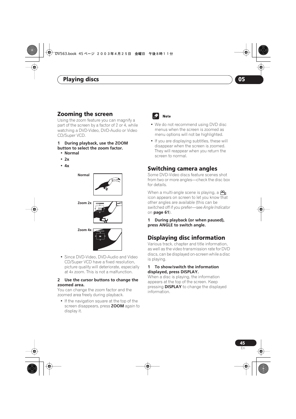 Zooming the screen, Switching camera angles, Displaying disc information | Playing discs 05 | Pioneer DV-667A-S User Manual | Page 45 / 88
