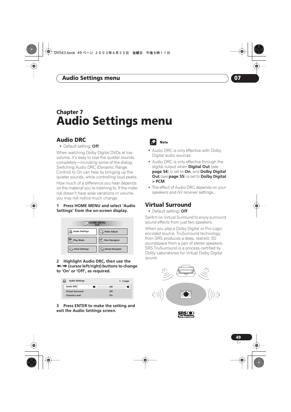 07 audio settings menu, Audio drc, Virtual surround | Audio settings menu, Audio settings menu 07, Chapter 7 | Pioneer DV-667A-S User Manual | Page 49 / 88