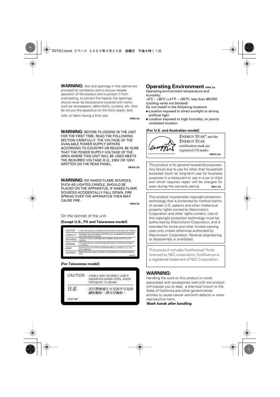 Operating environment, Warning | Pioneer DV-667A-S User Manual | Page 5 / 88