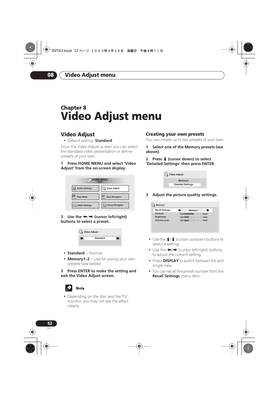 08 video adjust menu, Video adjust, Creating your own presets | Video adjust menu, Video adjust menu 08, Chapter 8 | Pioneer DV-667A-S User Manual | Page 52 / 88