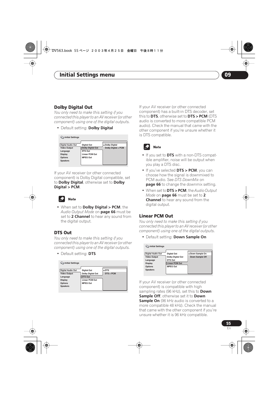 Dolby digital out, Dts out, Linear pcm out | Initial settings menu 09 | Pioneer DV-667A-S User Manual | Page 55 / 88