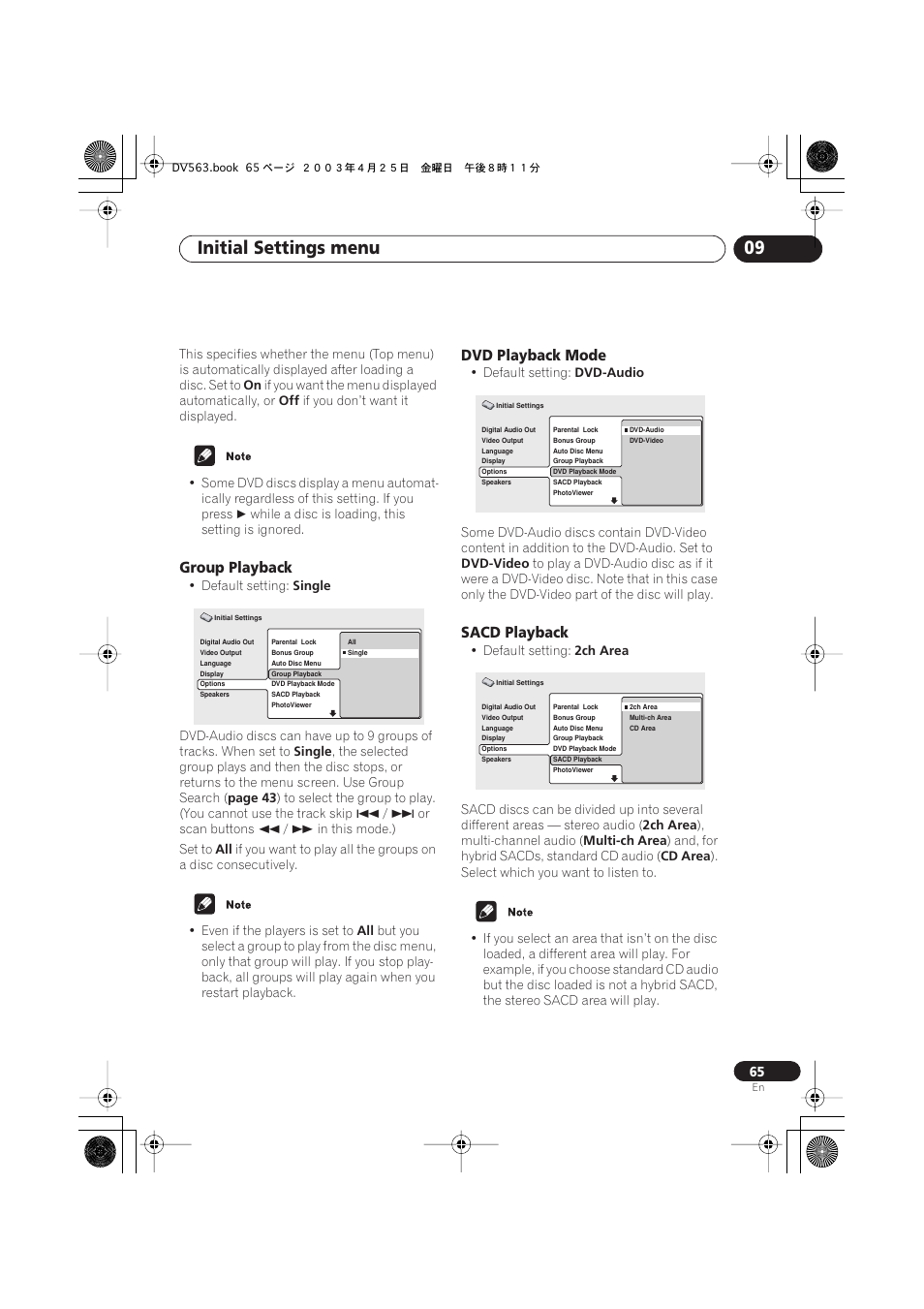 Group playback, Dvd playback mode, Sacd playback | Initial settings menu 09 | Pioneer DV-667A-S User Manual | Page 65 / 88