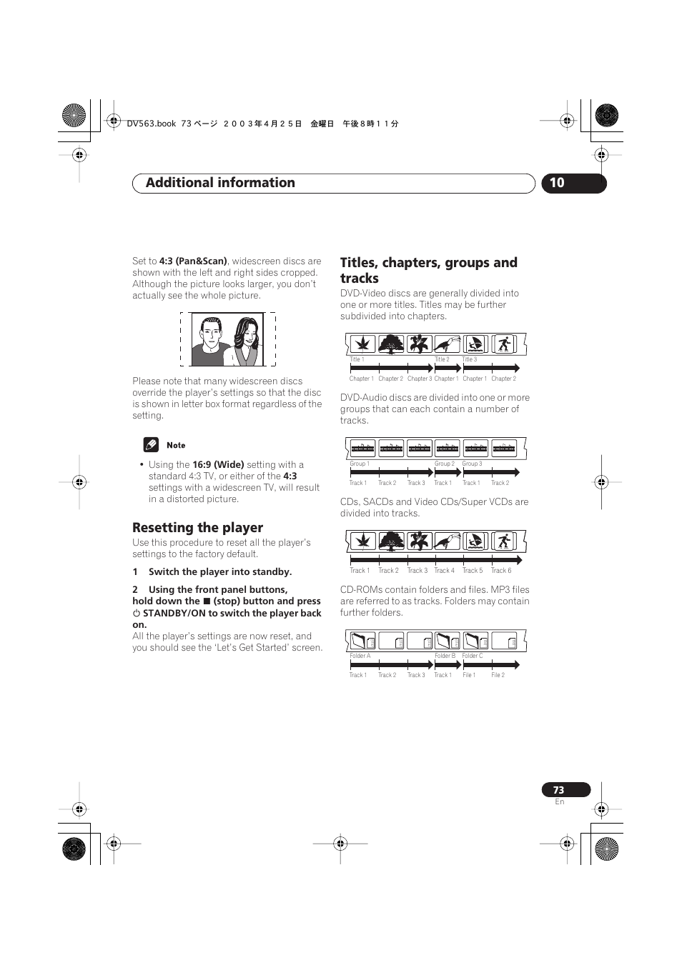 Resetting the player, Titles, chapters, groups and tracks, Additional information 10 | Pioneer DV-667A-S User Manual | Page 73 / 88