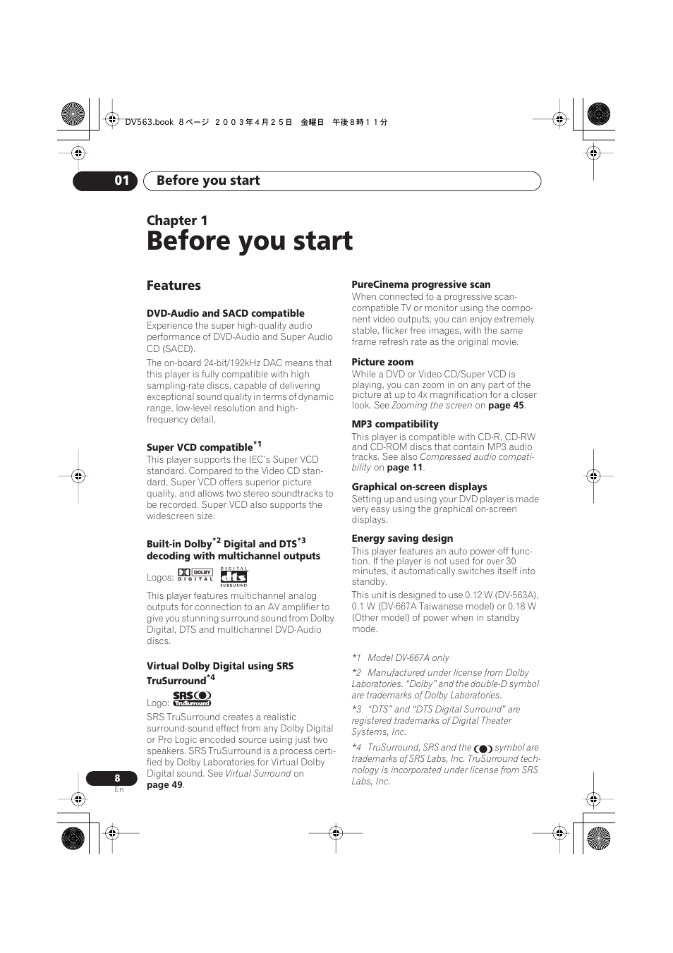 01 before you start, Features, Before you start | Before you start 01, Chapter 1 | Pioneer DV-667A-S User Manual | Page 8 / 88