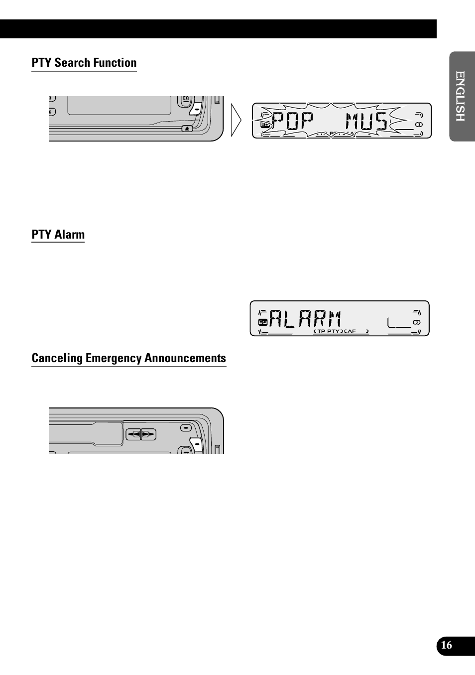 Pty search function, Pty alarm, Canceling emergency announcements | Pioneer KEH-P1010R User Manual | Page 17 / 88