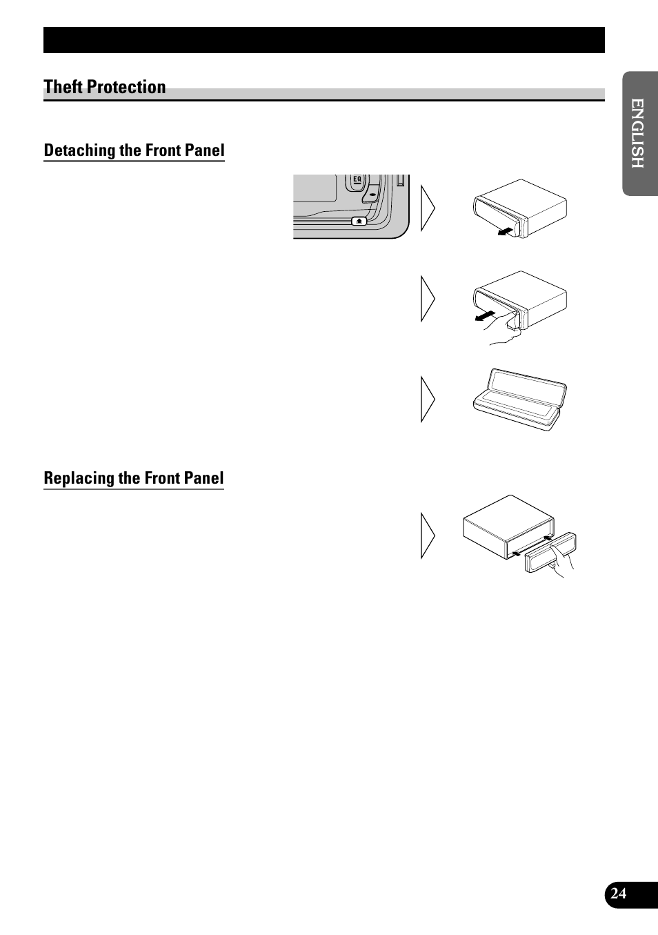 Detaching and replacing, The front panel, Theft protection | Detaching the front panel, Replacing the front panel, Detaching and replacing the front panel | Pioneer KEH-P1010R User Manual | Page 25 / 88