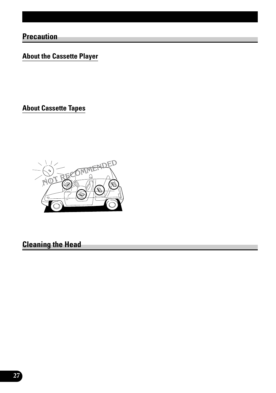 Cassette player and care, Precaution, About the cassette player | About cassette tapes, Cleaning the head | Pioneer KEH-P1010R User Manual | Page 28 / 88