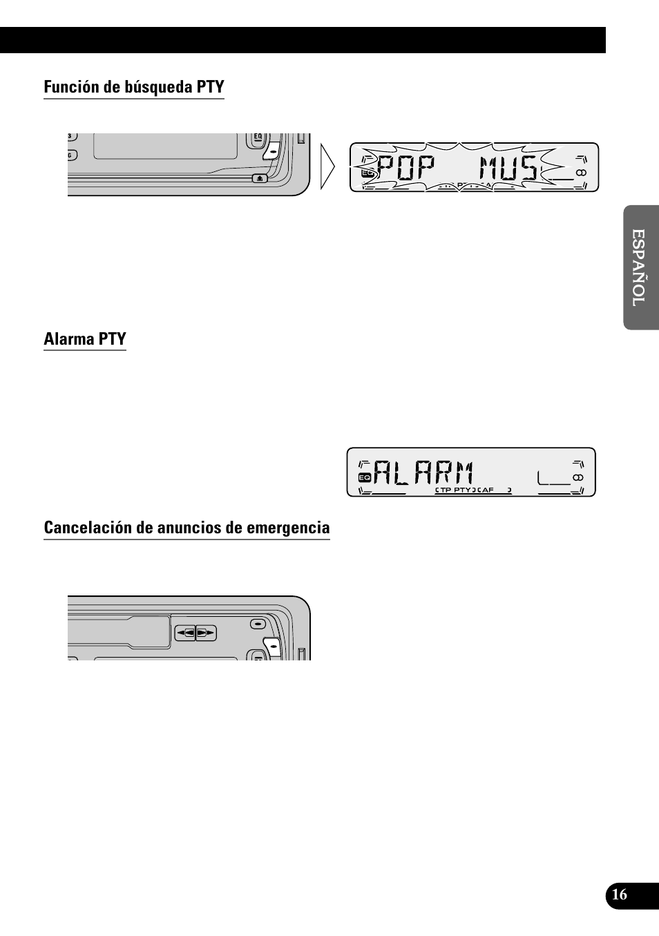 Función de búsqueda pty, Alarma pty, Cancelación de anuncios de emergencia | Pioneer KEH-P1010R User Manual | Page 45 / 88