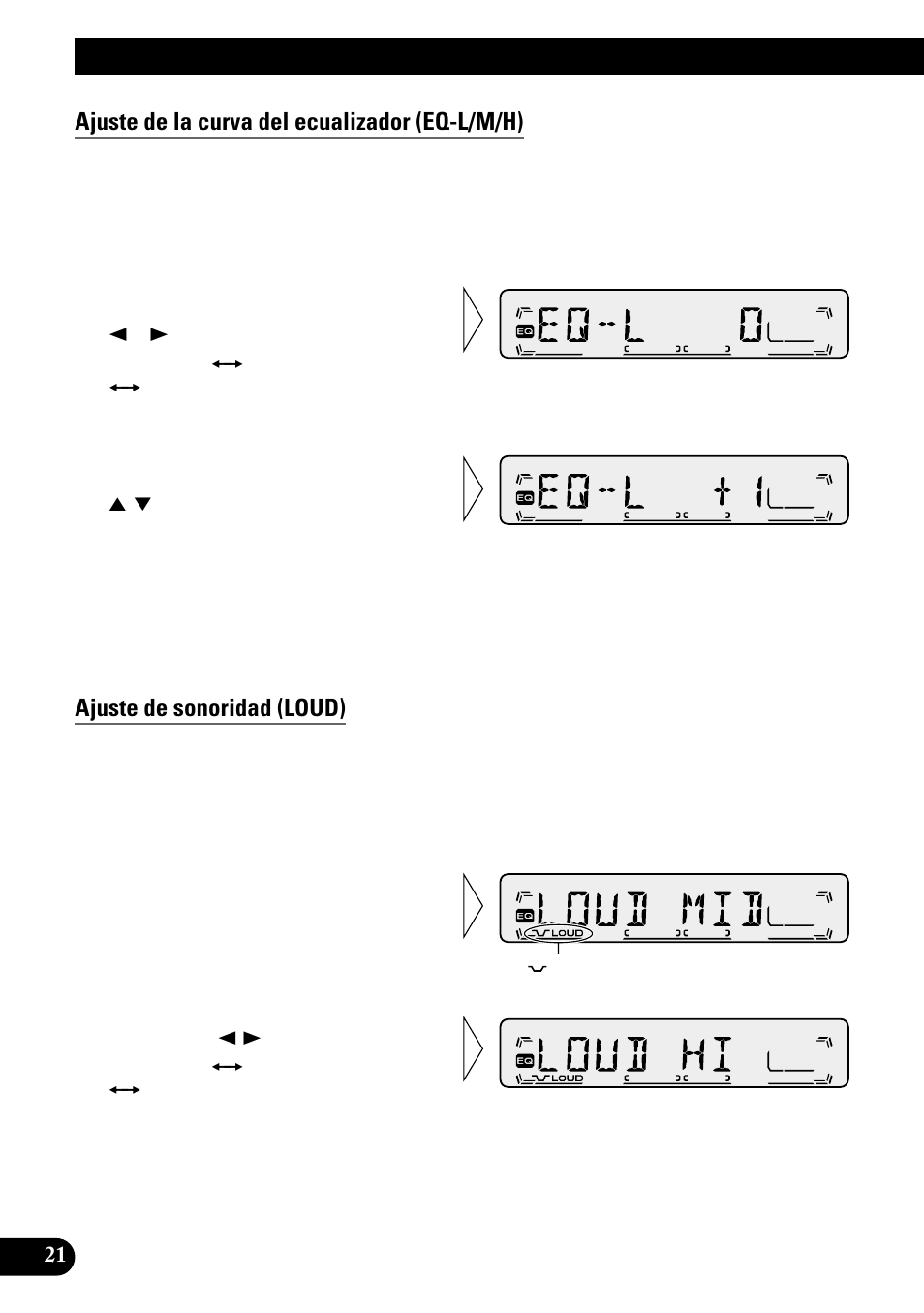 Ajuste de la curva del ecualizador (eq-l/m/h), Ajuste de sonoridad (loud), Ajuste de audio | Pioneer KEH-P1010R User Manual | Page 50 / 88