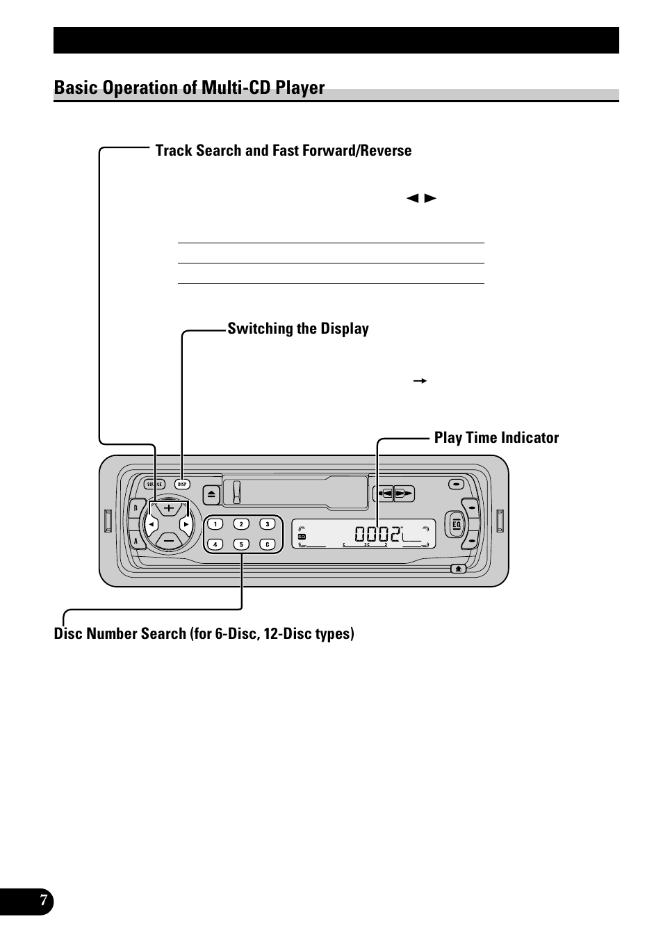 Basic operation of multi-cd player, Track search and fast forward/reverse, Switching the display | Disc number search (for 6-disc, 12-disc types), Basic operation | Pioneer KEH-P1010R User Manual | Page 8 / 88