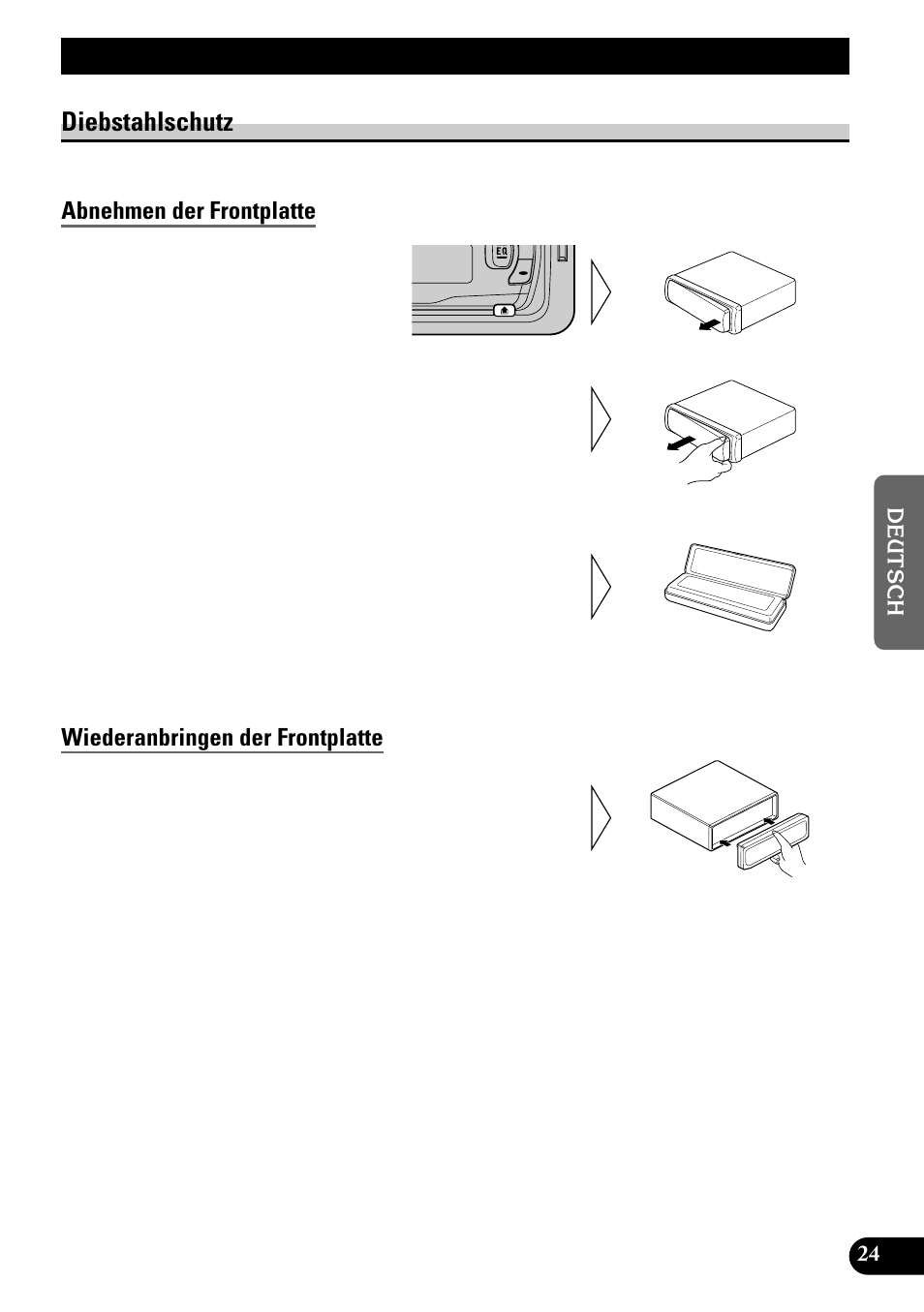 Abnehmen und wiederanbringen, Der frontplatte, Diebstahlschutz | Abnehmen der frontplatte, Wiederanbringen der frontplatte, Abnehmen und wiederanbringen der frontplatte | Pioneer KEH-P1010R User Manual | Page 81 / 88