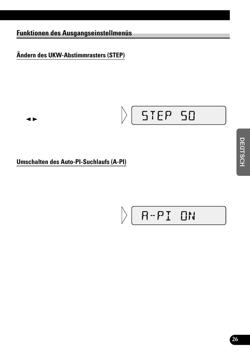 Funktionen des ausgangseinstellmenüs, Ändern des ukw-abstimmrasters (step), Umschalten des auto-pi-suchlaufs (a-pi) | Pioneer KEH-P1010R User Manual | Page 83 / 88