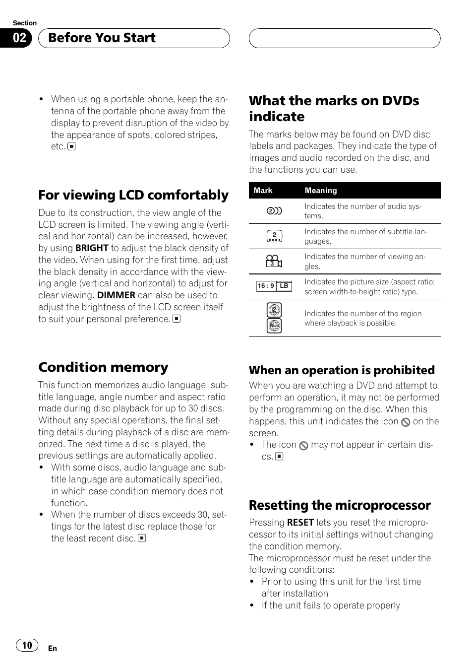 When an operation is prohibited 10, For viewing lcd comfortably, What the marks on dvds indicate | Resetting the microprocessor, Before you start, When an operation is prohibited | Pioneer AVH-P6500DVD User Manual | Page 10 / 108