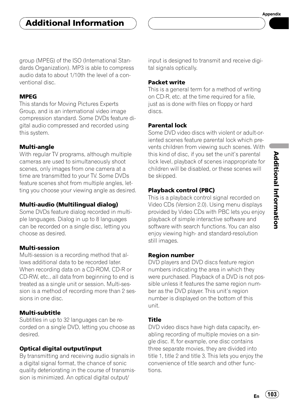 Additionalinformation | Pioneer AVH-P6500DVD User Manual | Page 103 / 108