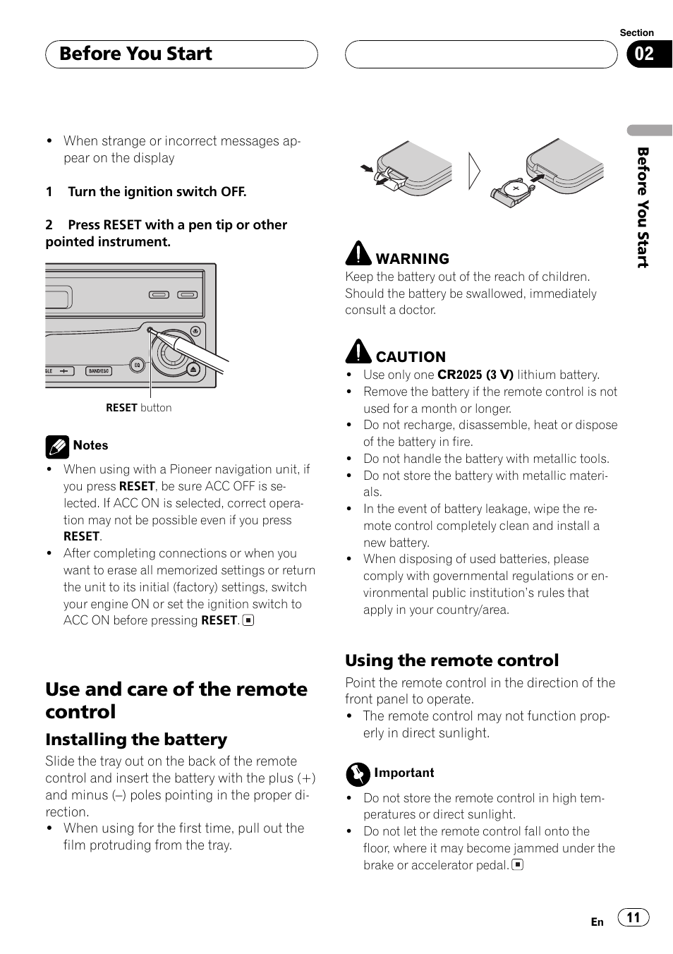 Use and care of the remote control 11, Use and care of the remote control, Before you start | Installing the battery, Using the remote control | Pioneer AVH-P6500DVD User Manual | Page 11 / 108